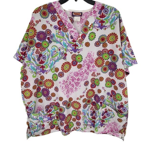 Vintage Scrub Top XL Pink Purple Floral Print Polyester Pockets Silky V‎ Neck - Picture 1 of 4